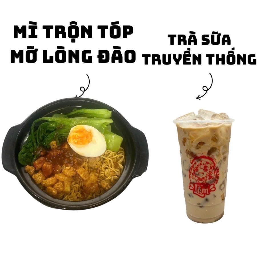 Hình ảnh Mì trộn tóp mỡ trứng lòng đào + trà sữa truyền thống