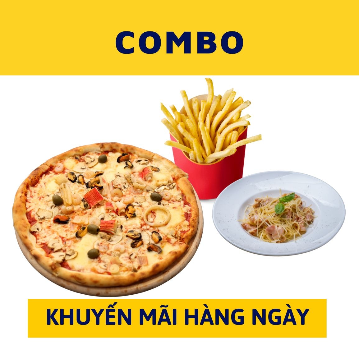 Hình ảnh COMBO (2-3 NGƯỜI): 1 Pizza size 24 cm tự chọn + 1 Mì Ý tự chọn + 1 Khoai tây lắc Phô mai