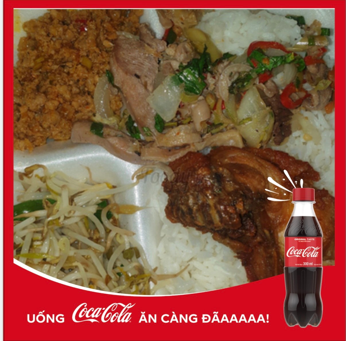 Hình ảnh cơm bò xào, gà rán sốt me, gà cựa xào + coca/sprite