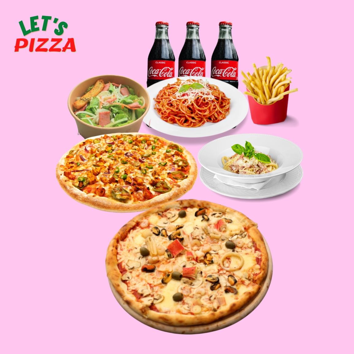 Hình ảnh COMBO YÊU THƯƠNG(4-6 NGƯỜI): 2 Pizza tự chọn size 24cm + 2 Mì Ý tự chọn + 1 Salad Xà lách thịt nguội + 1 Khoai lắc Phô mai + 3 