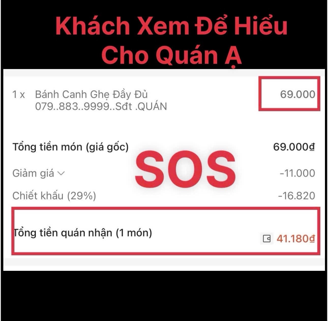 Hình ảnh ĐƠN HÀNG 69k quán chỉ nhận được 41k