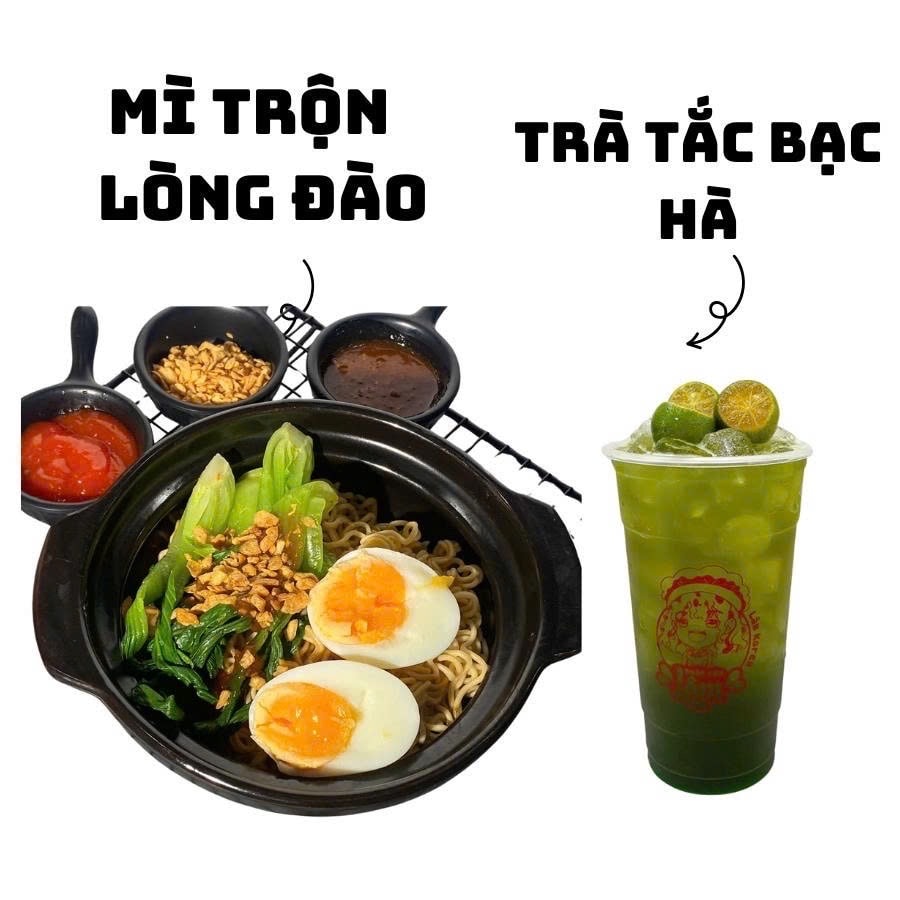 Hình ảnh Mì trộn trứng lòng đào + trà tắc bạc hà